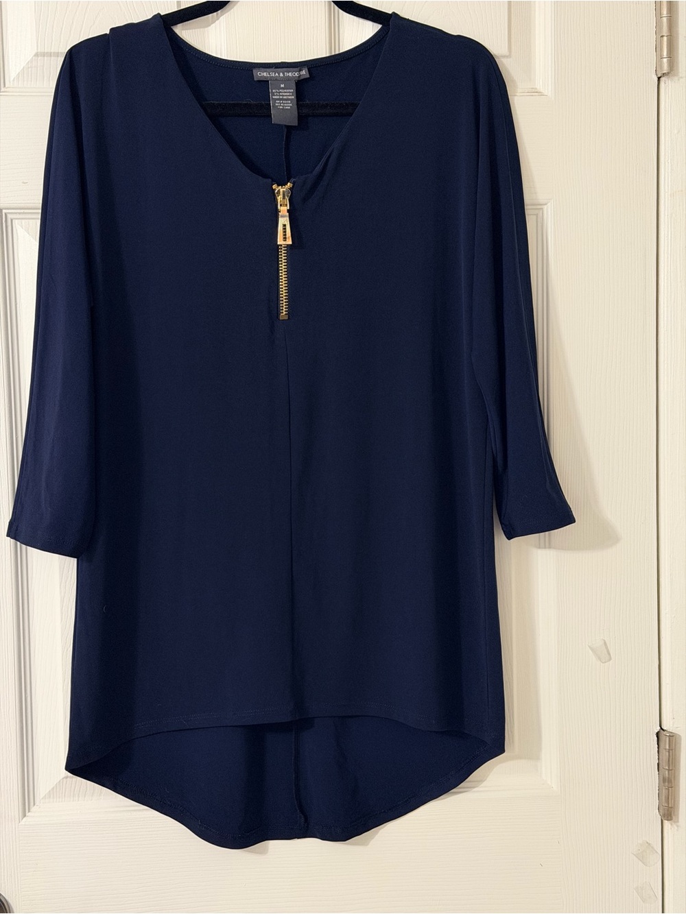 Chelsea & Theodore Navy Zip-Front Tunic Top with Gold Hardware